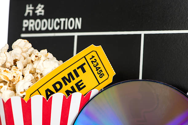 Popcorn and movie ticket on white background for cinema concept